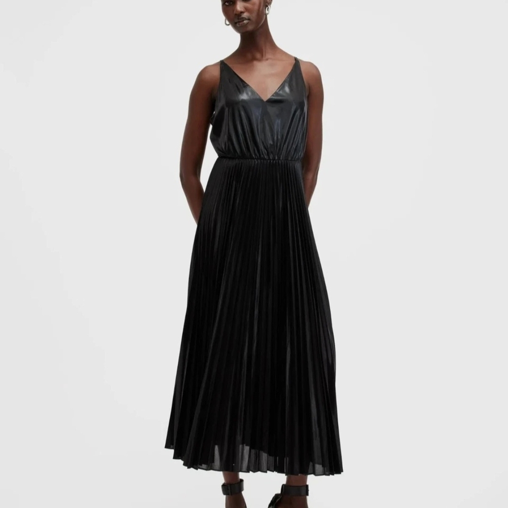 All Saints Black Satin Midi Dress